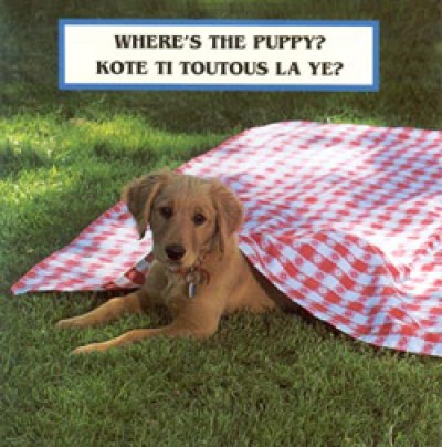 WHERE'S THE PUPPY? board book in Haitian Creole & English