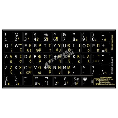 Keyboard Stickers (Black Opaque) for Greek (Eng shown in white/Greek in yellow)